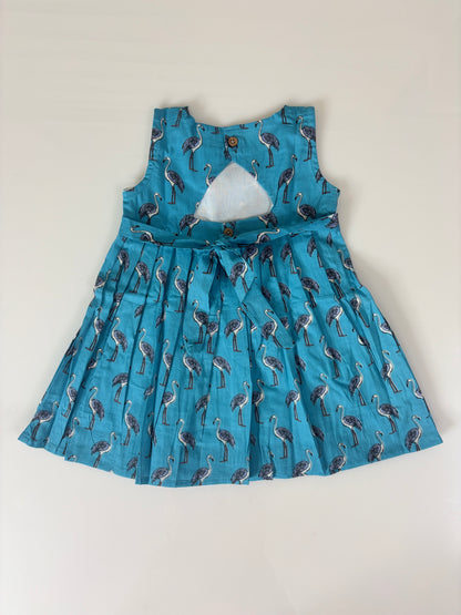 Turquoise Blue Flamingo Print Girl Sleeveless Frock Outdoor wear set