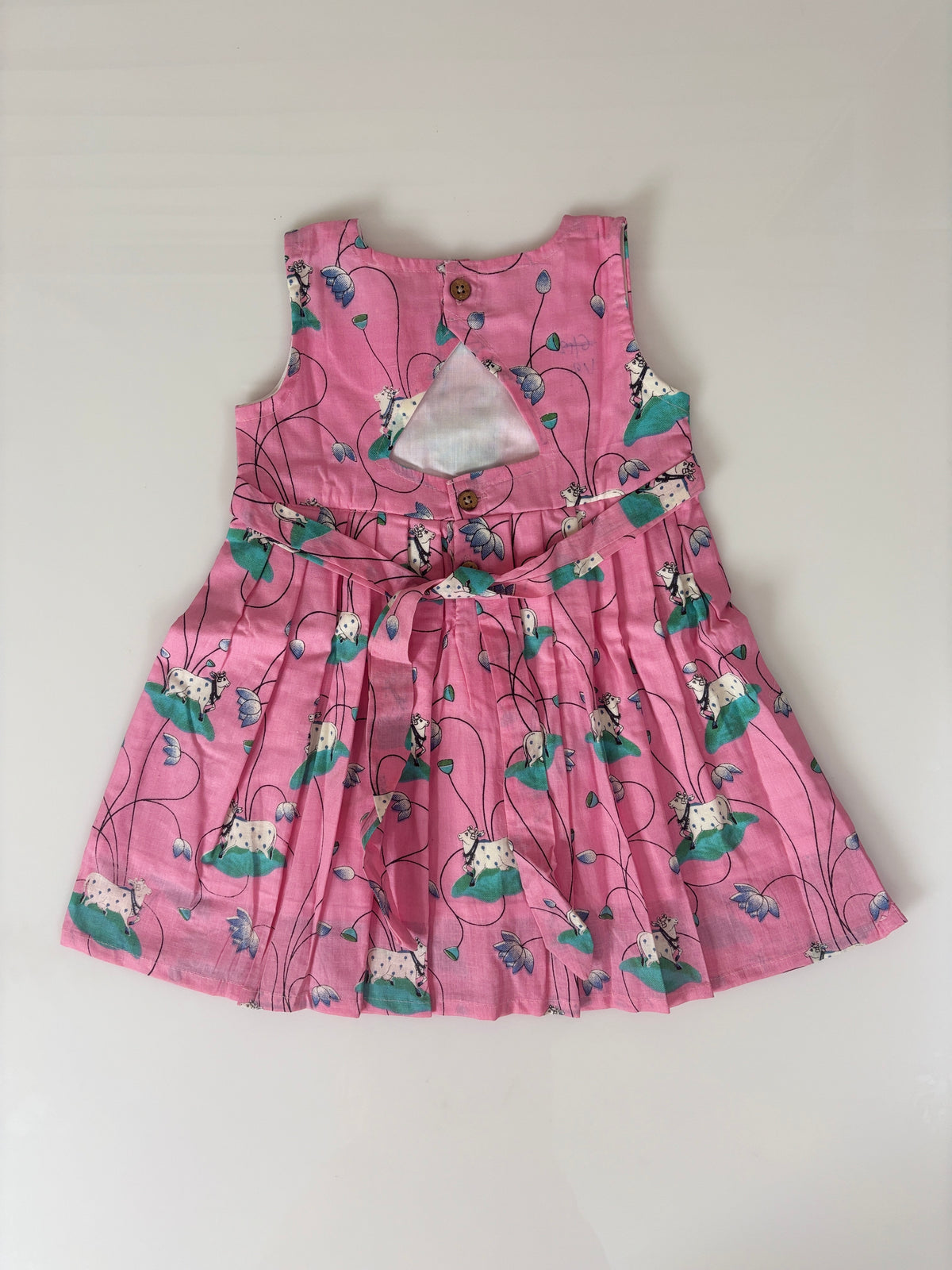 Pink Cow & Lotus Print Girl Sleeveless Frock Outdoor wear