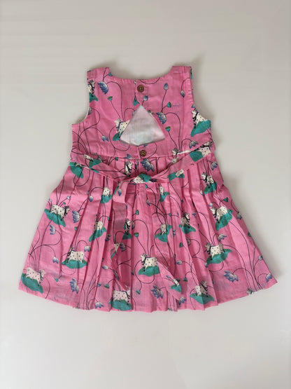 Pink Cow & Lotus Print Girl Sleeveless Frock Outdoor wear