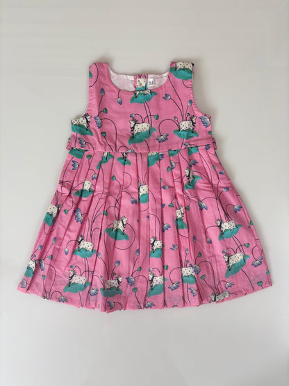 Pink Cow & Lotus Print Girl Sleeveless Frock Outdoor wear