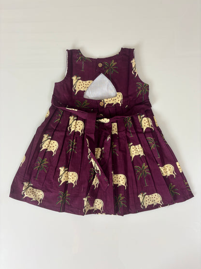 Brown Cow & Palm Tree Print Girl Sleeveless Frock Outdoor wear