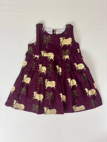 Brown Cow & Palm Tree Print Girl Sleeveless Frock Outdoor wear