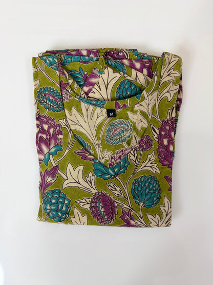 Floral Printed Olive Green Multi - Cotton Kalamkari Frock