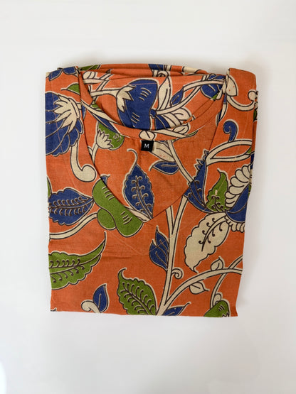 Floral Printed Rust Orange - Cotton Kalamkari Frock