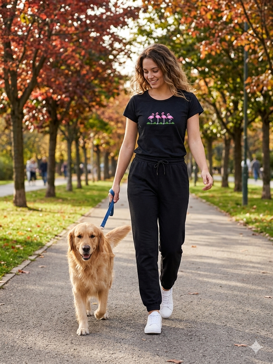 Black Flamingo Embroidered T-Shirt and Jogger Set