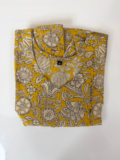 Floral Printed Mustard Yellow - Cotton Kalamkari Frock