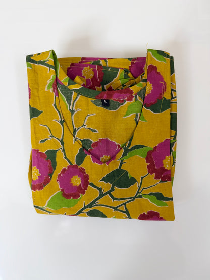 Floral Printed Yellow Pink - Cotton Kalamkari Frock
