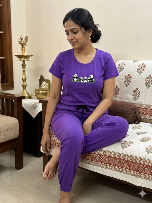 Purple Panda Embroidered T-Shirt and Jogger Set