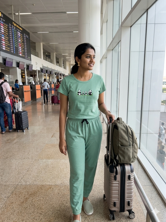 Mint Green Panda Embroidered T-Shirt and Jogger Set