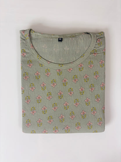 Sage Green Floral Buti Print Short Sleeve Lounge Frock