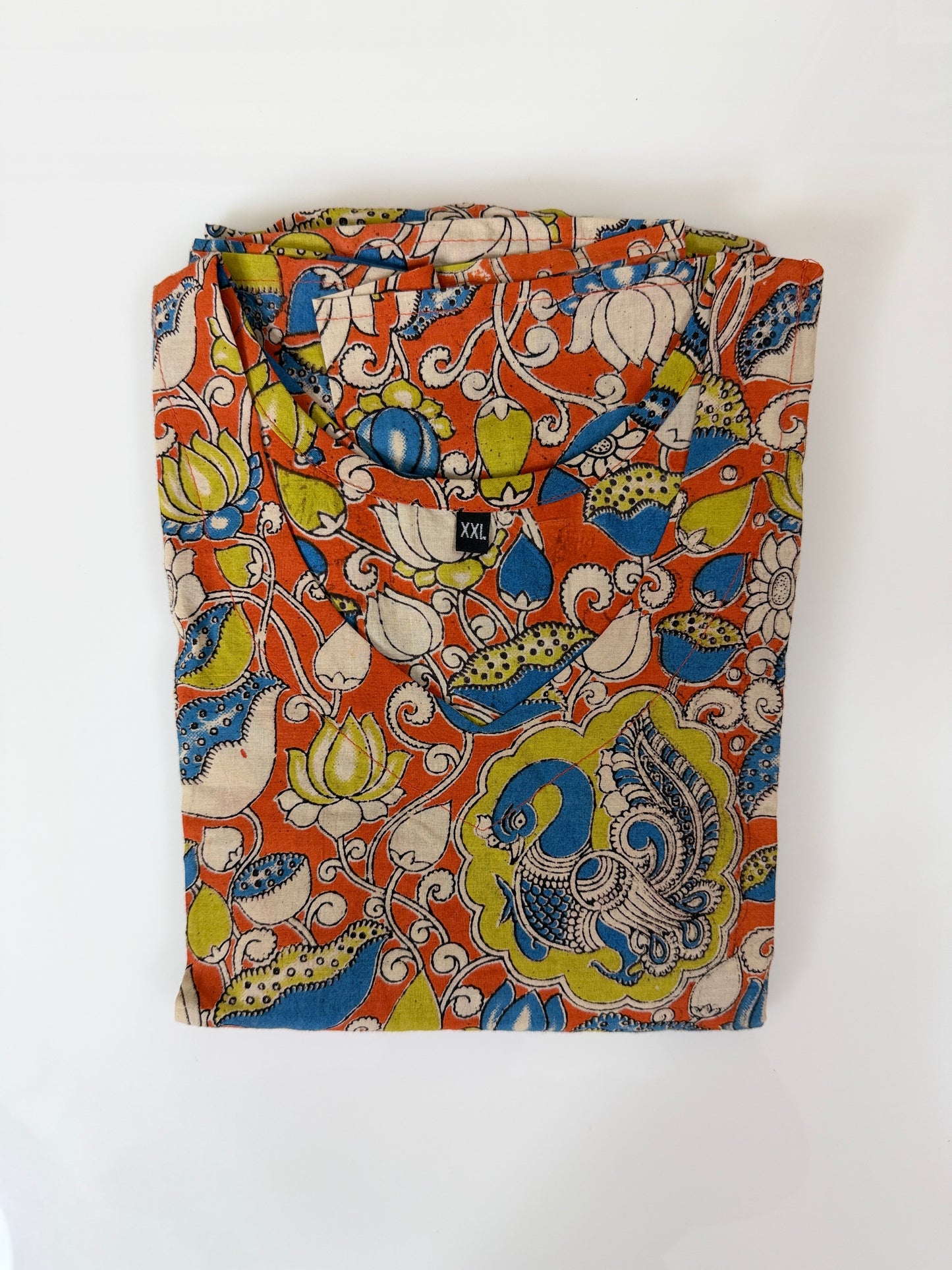 Floral Printed Orange Blue - Cotton Kalamkari Frock