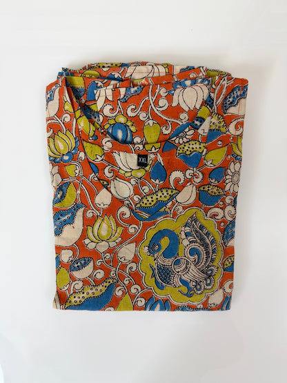 Floral Printed Orange Blue - Cotton Kalamkari Frock