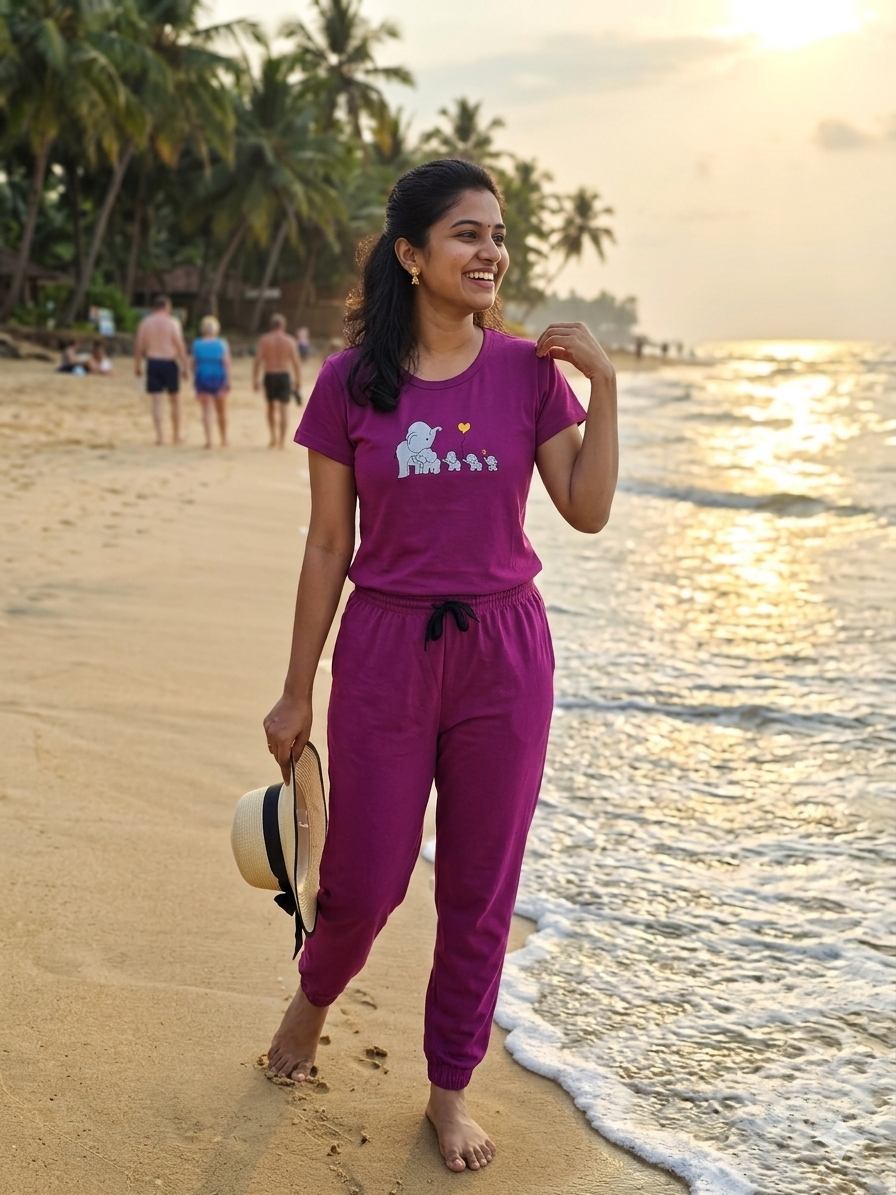 Magenta Elephant Embroidered T-Shirt and Jogger Set