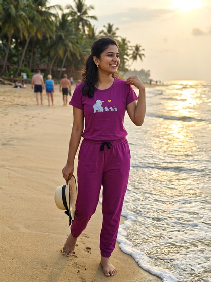 Magenta Elephant Embroidered T-Shirt and Jogger Set
