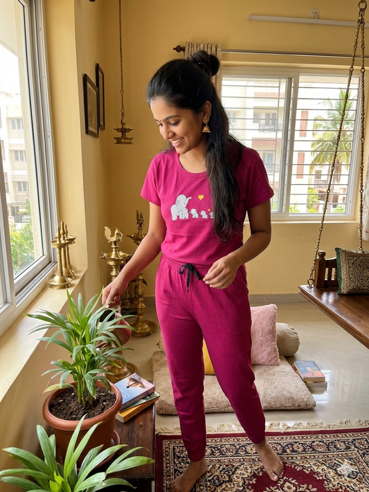 Hot Pink Elephant Embroidered T-Shirt and Jogger Set