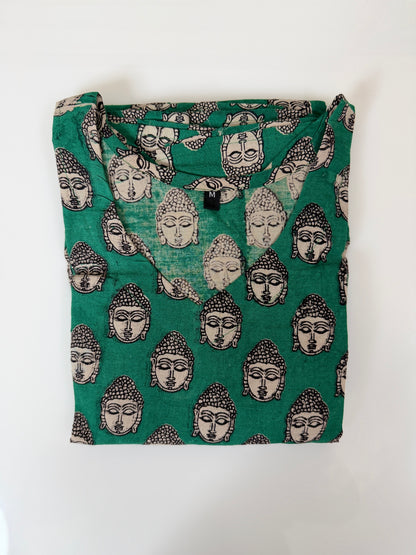 Floral Printed Teal Green - Cotton Kalamkari Frock