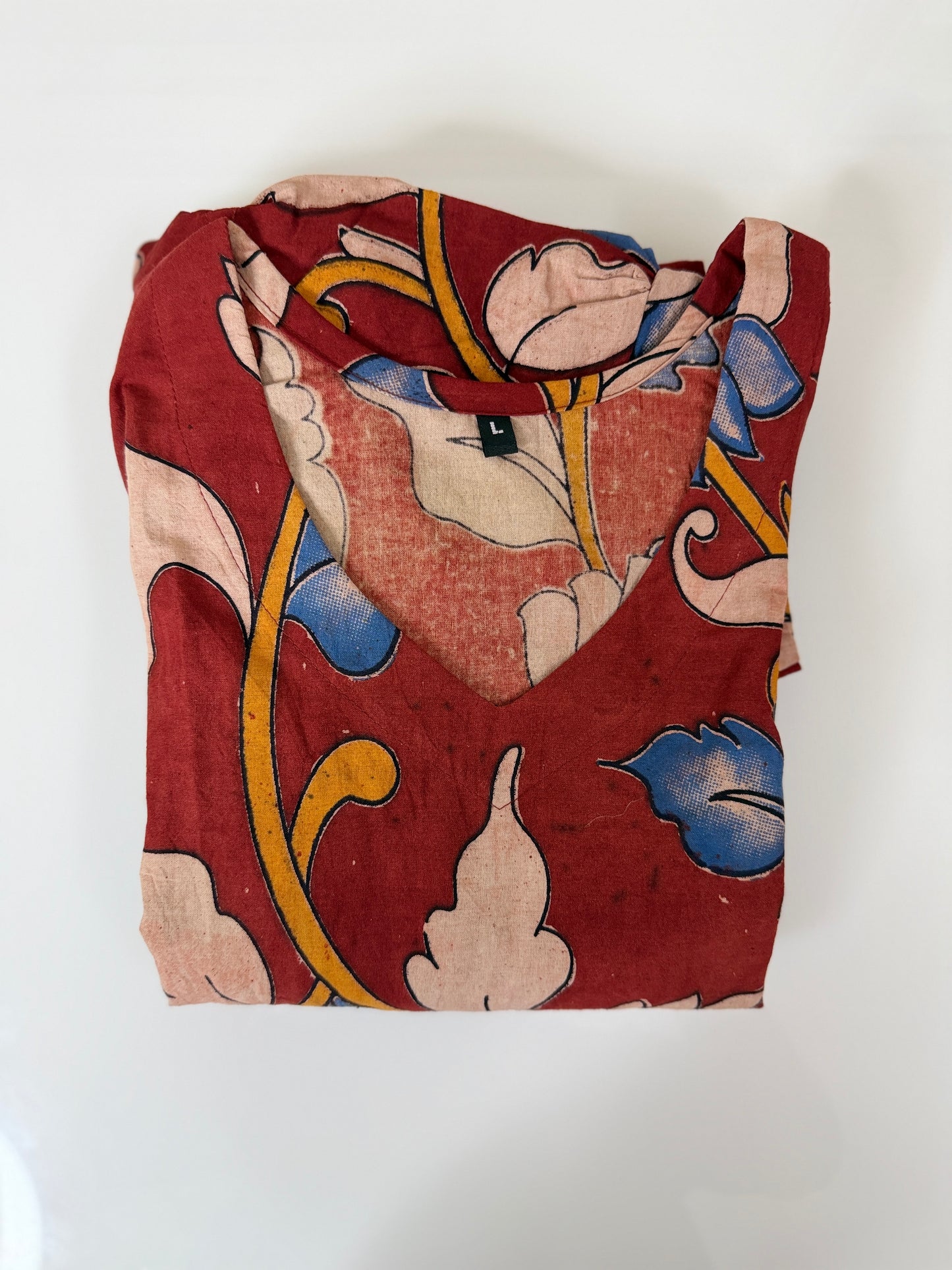 Floral Printed Rust Red - Cotton Kalamkari Frock