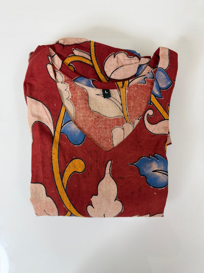 Floral Printed Rust Red - Cotton Kalamkari Frock