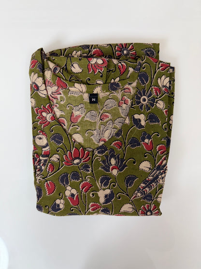 Floral Printed Olive Green Multi - Cotton Kalamkari Frock