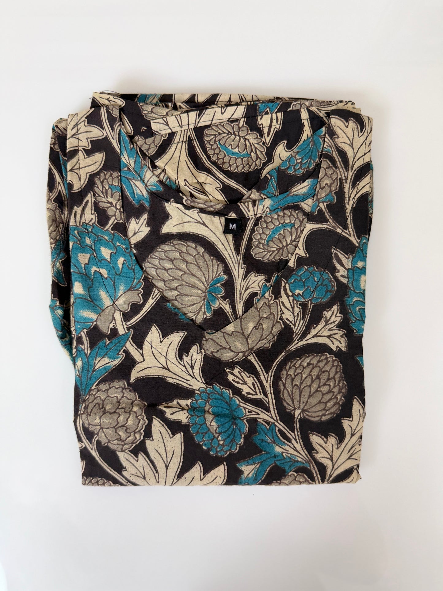 Floral Printed Black Teal - Cotton Kalamkari Frock
