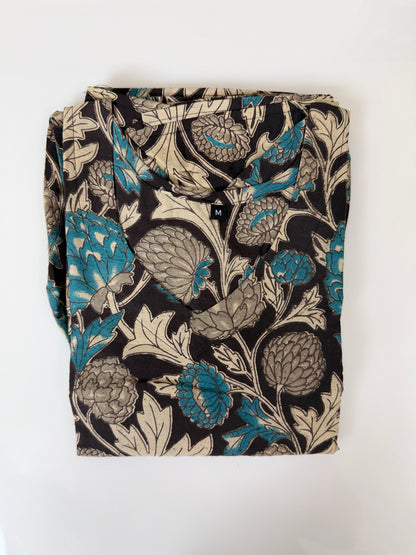 Floral Printed Black Teal - Cotton Kalamkari Frock