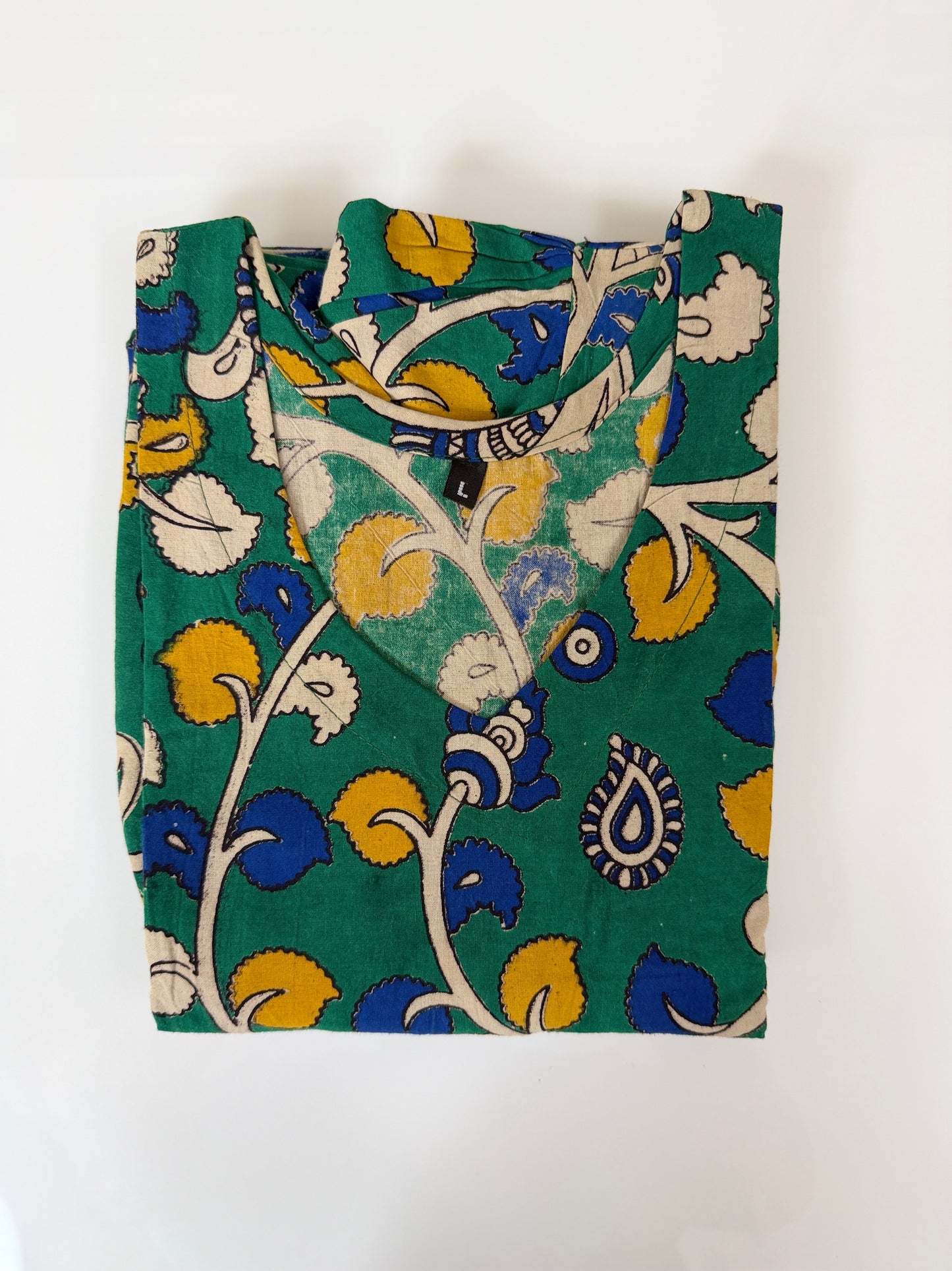 Floral Printed Teal Yellow - Cotton Kalamkari Frock