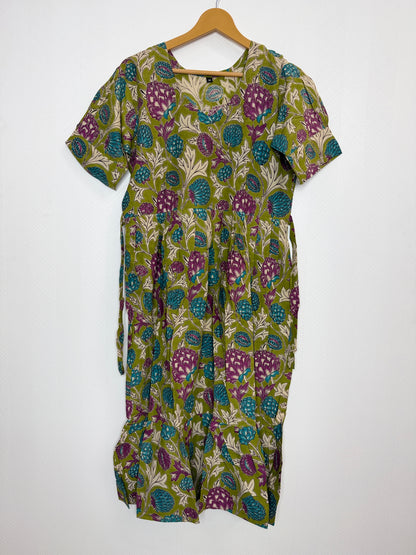 Floral Printed Olive Green Multi - Cotton Kalamkari Frock