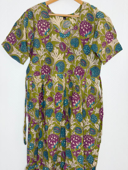 Floral Printed Olive Green Multi - Cotton Kalamkari Frock