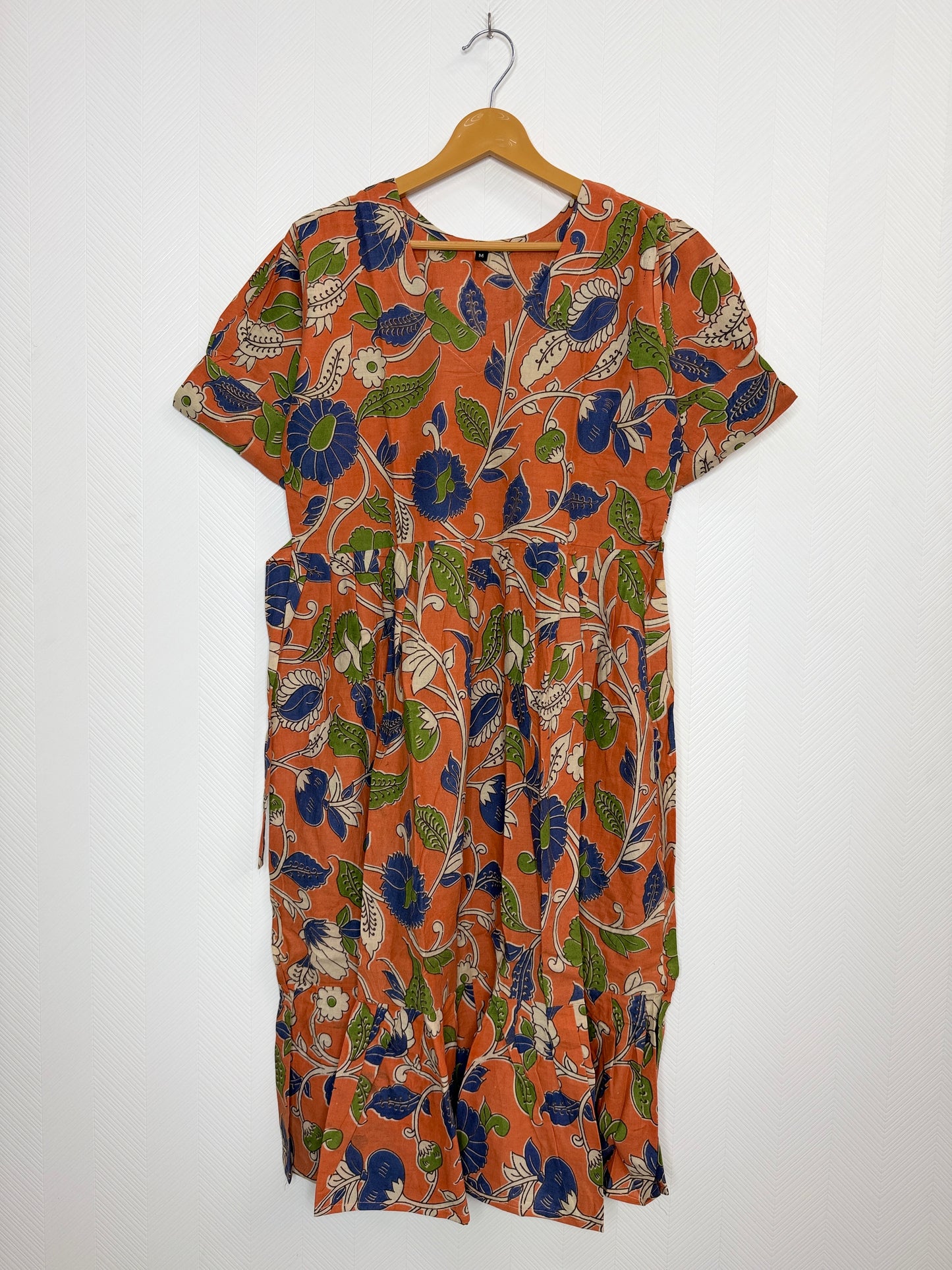 Floral Printed Rust Orange - Cotton Kalamkari Frock
