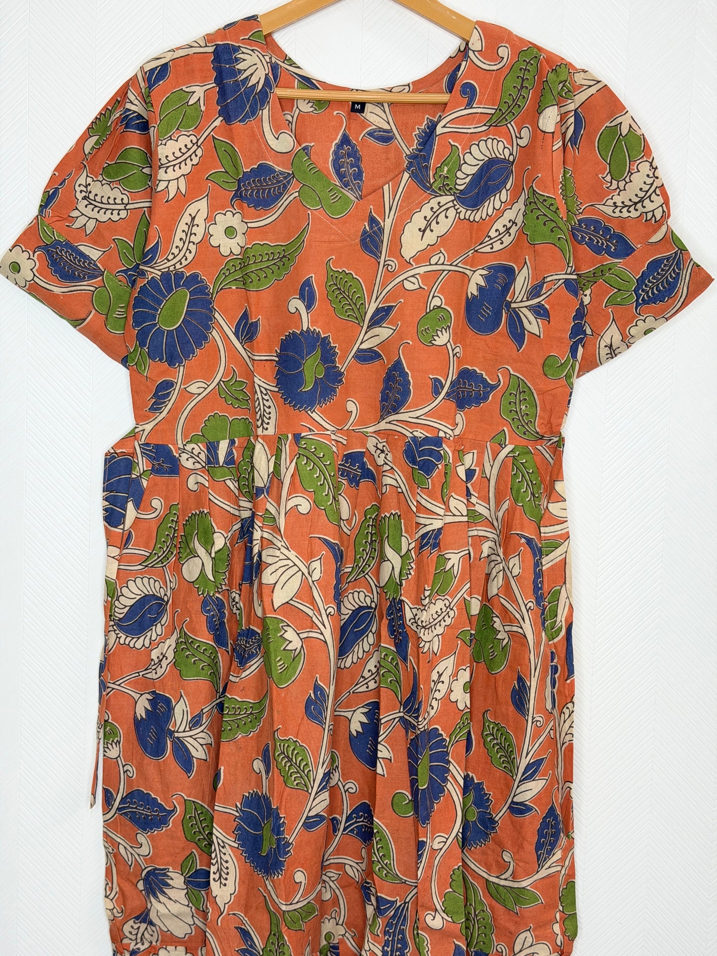 Floral Printed Rust Orange - Cotton Kalamkari Frock