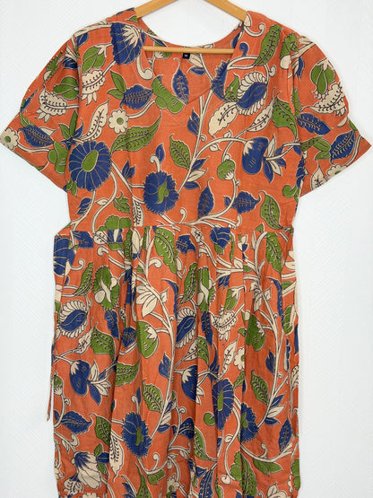 Floral Printed Rust Orange - Cotton Kalamkari Frock