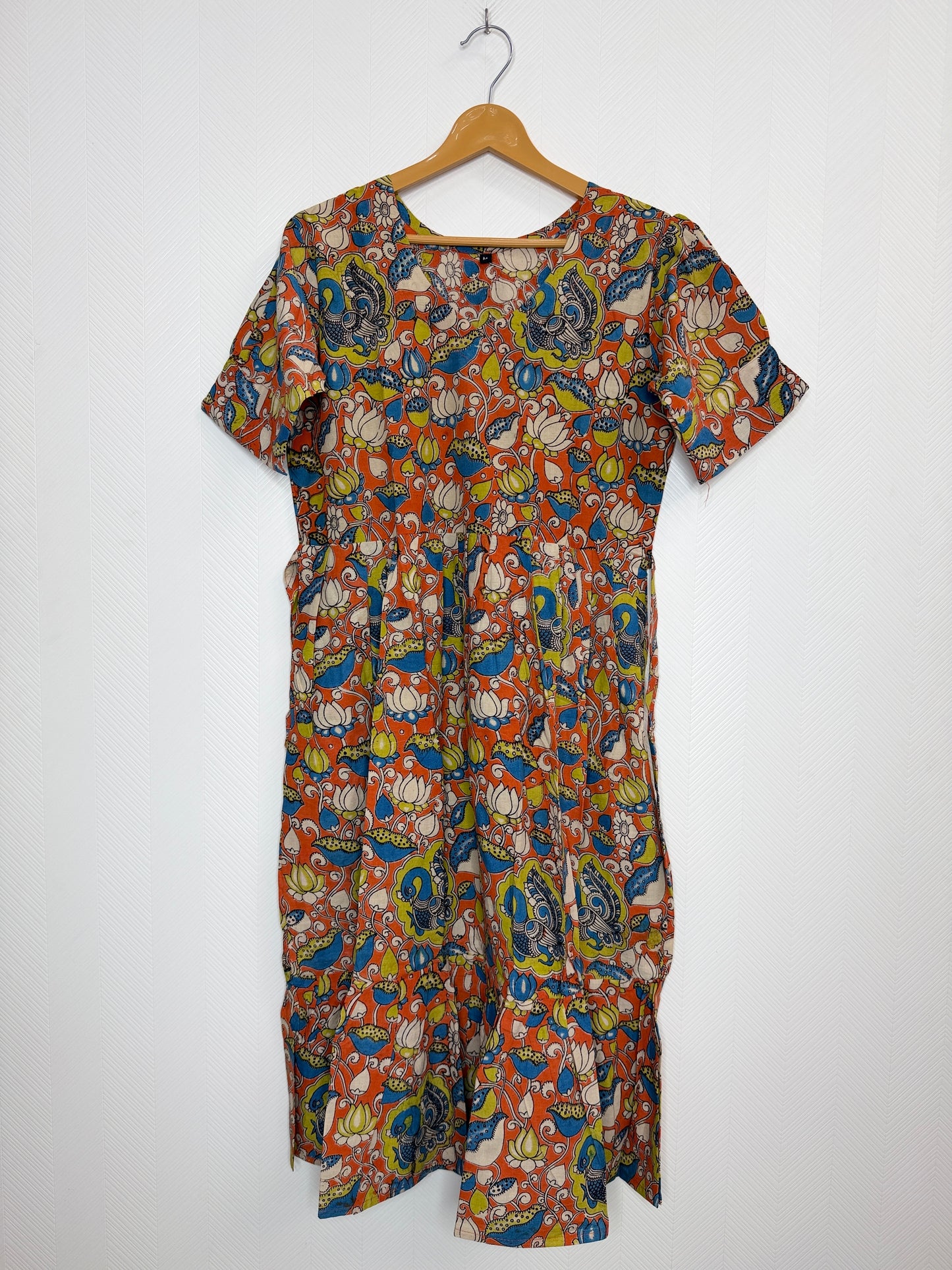 Floral Printed Orange Blue - Cotton Kalamkari Frock
