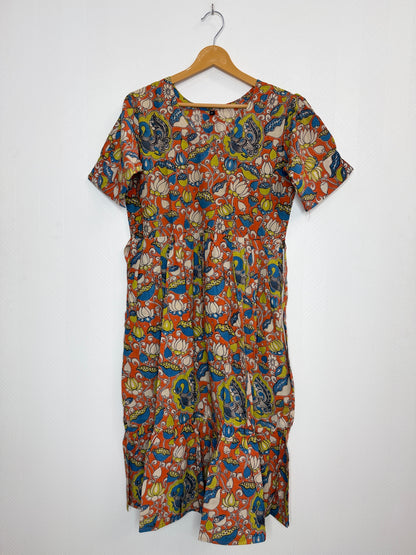 Floral Printed Orange Blue - Cotton Kalamkari Frock