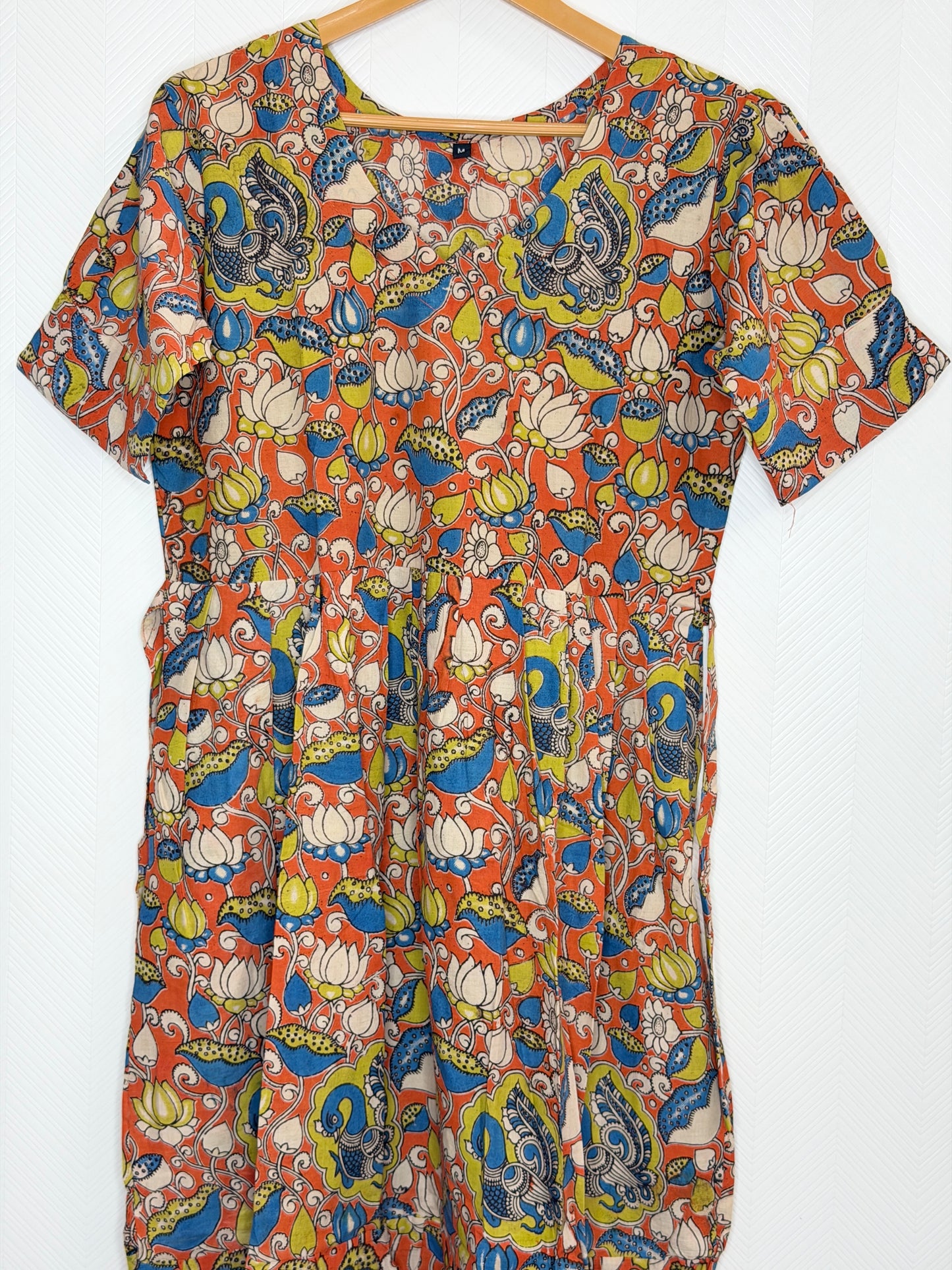 Floral Printed Orange Blue - Cotton Kalamkari Frock