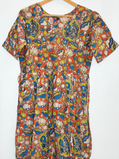 Floral Printed Orange Blue - Cotton Kalamkari Frock