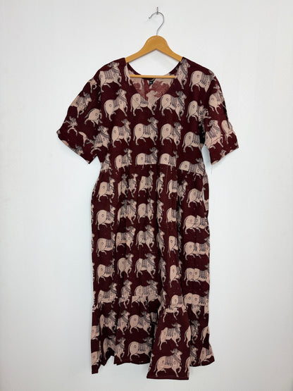 Floral Printed Dark Maroon - Cotton Kalamkari Frock