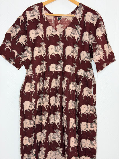 Floral Printed Dark Maroon - Cotton Kalamkari Frock