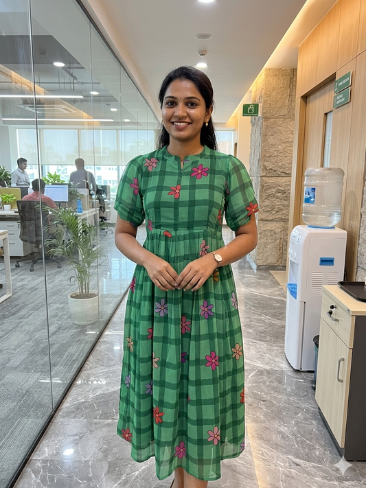 Green with Floral Checks Printed Georgette Center Zip Maxi