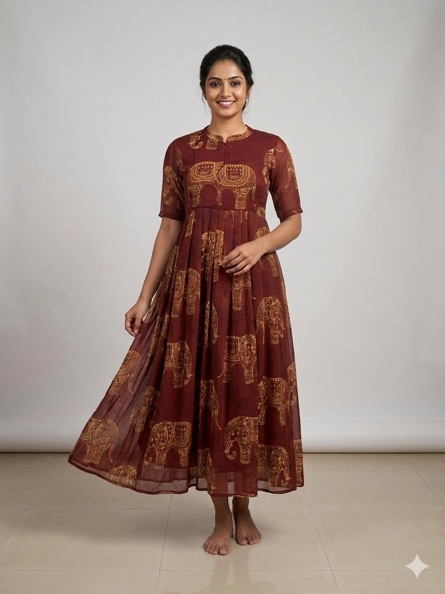 Brown with Kalamkari Elephant Printed Georgette Center Zip Maxi