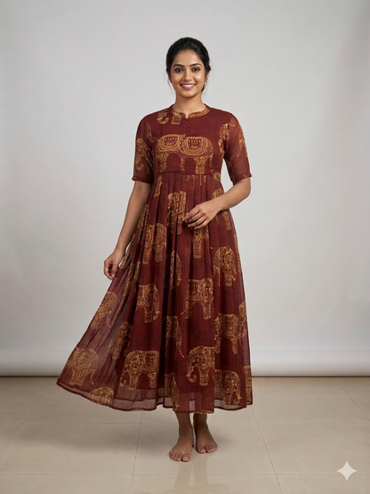 Brown with Kalamkari Elephant Printed Georgette Center Zip Maxi