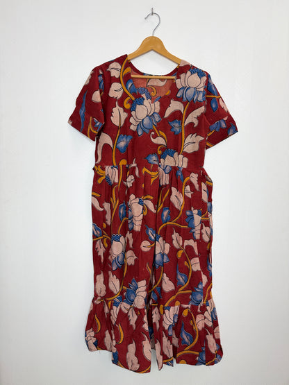 Floral Printed Rust Red - Cotton Kalamkari Frock