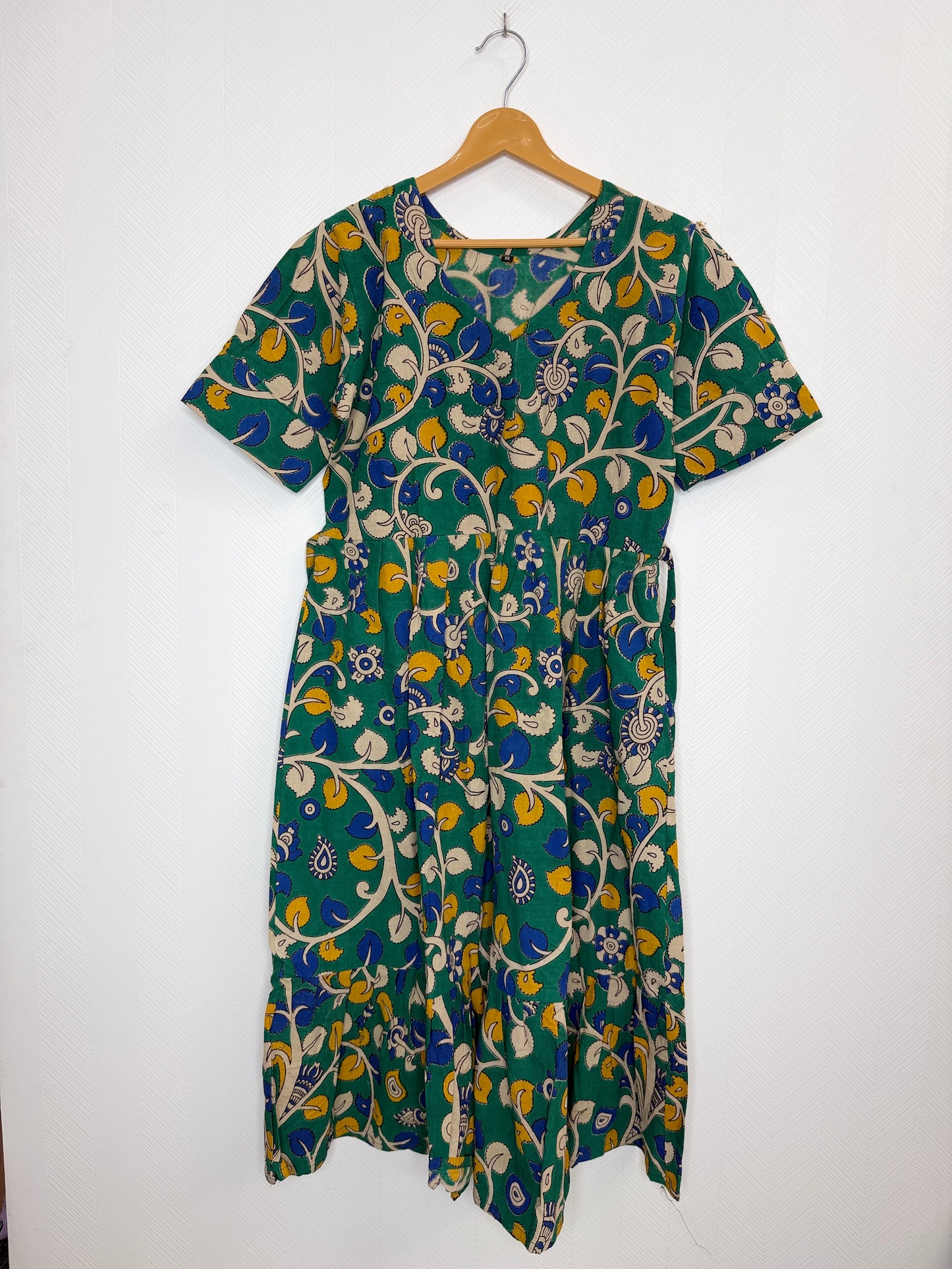 Floral Printed Teal Yellow - Cotton Kalamkari Frock