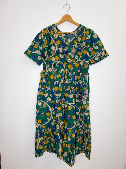 Floral Printed Teal Yellow - Cotton Kalamkari Frock