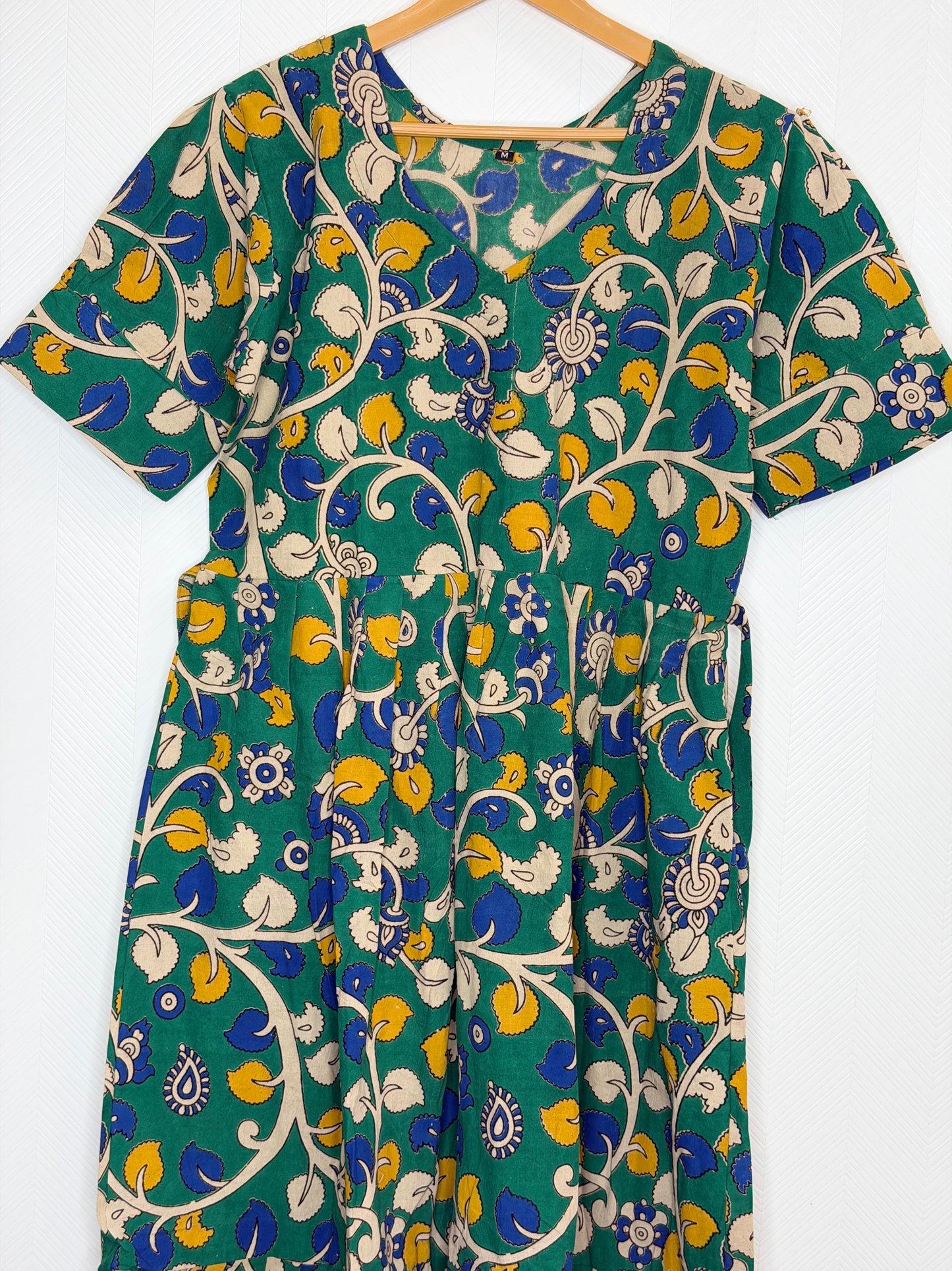Floral Printed Teal Yellow - Cotton Kalamkari Frock