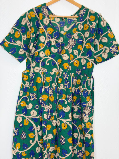 Floral Printed Teal Yellow - Cotton Kalamkari Frock