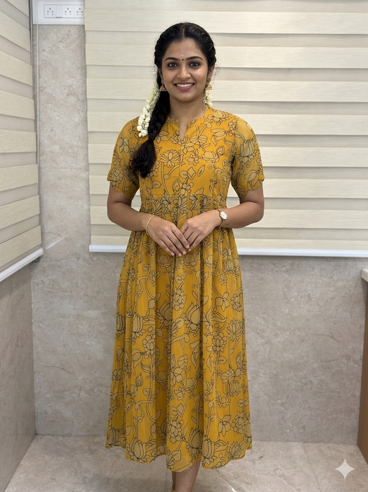 Yellow with Floral Printed Georgette Center Zip Maxi