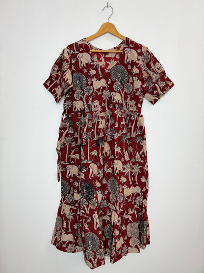 Floral Printed Brick Red - Cotton Kalamkari Frock
