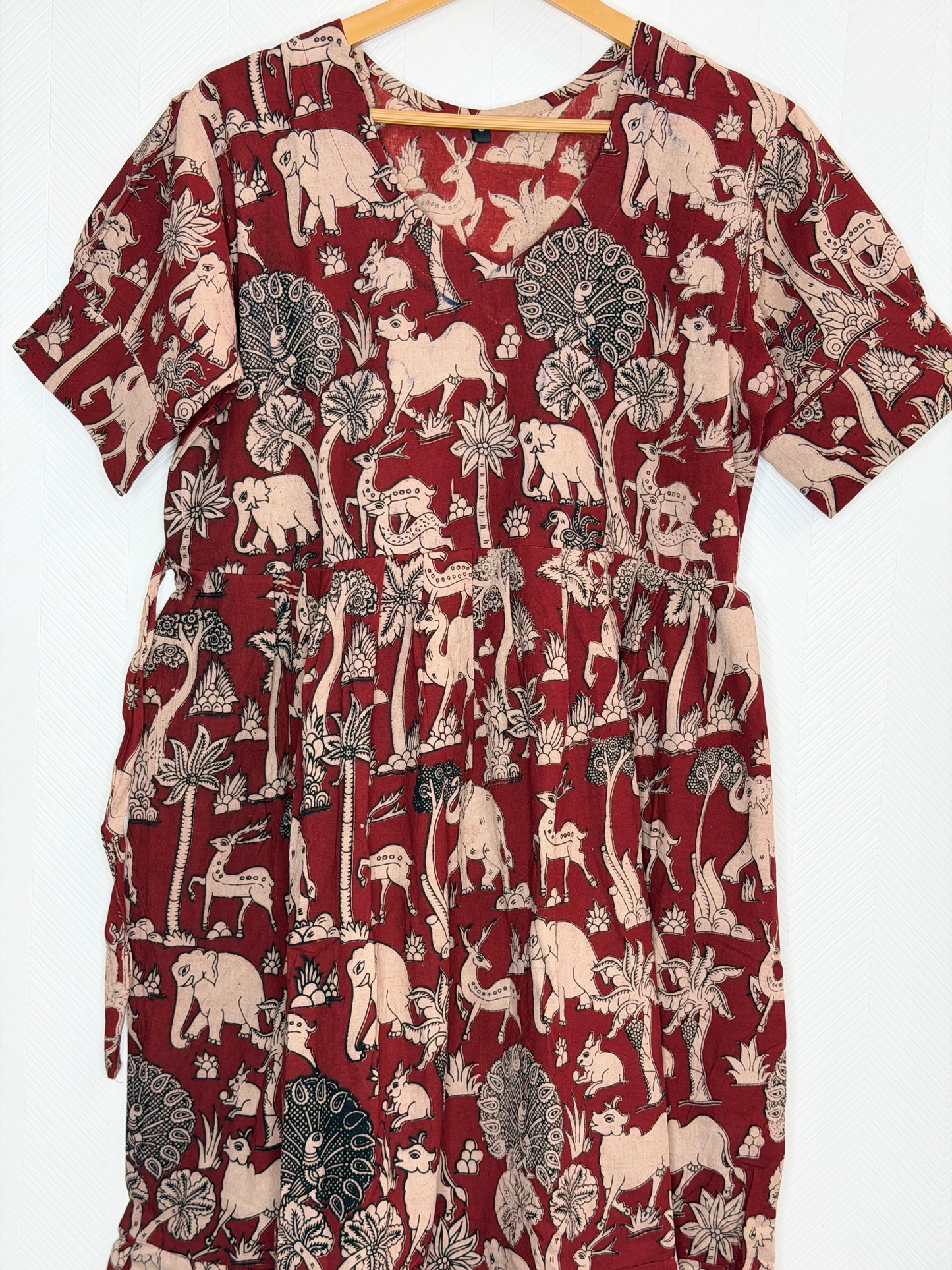 Floral Printed Brick Red - Cotton Kalamkari Frock