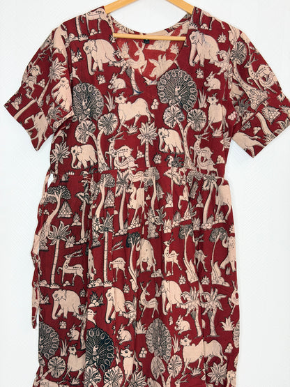 Floral Printed Brick Red - Cotton Kalamkari Frock