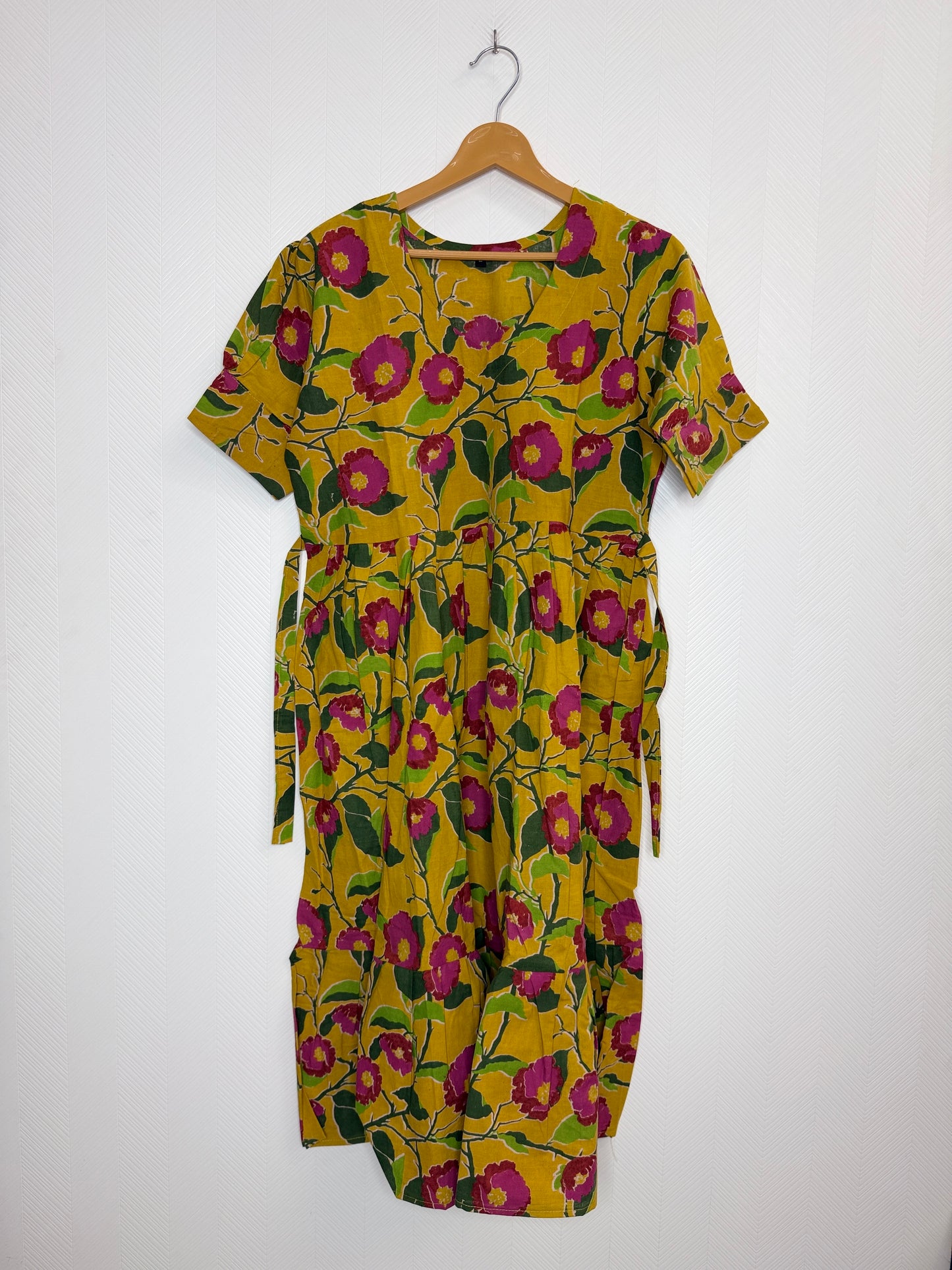 Floral Printed Yellow Pink - Cotton Kalamkari Frock